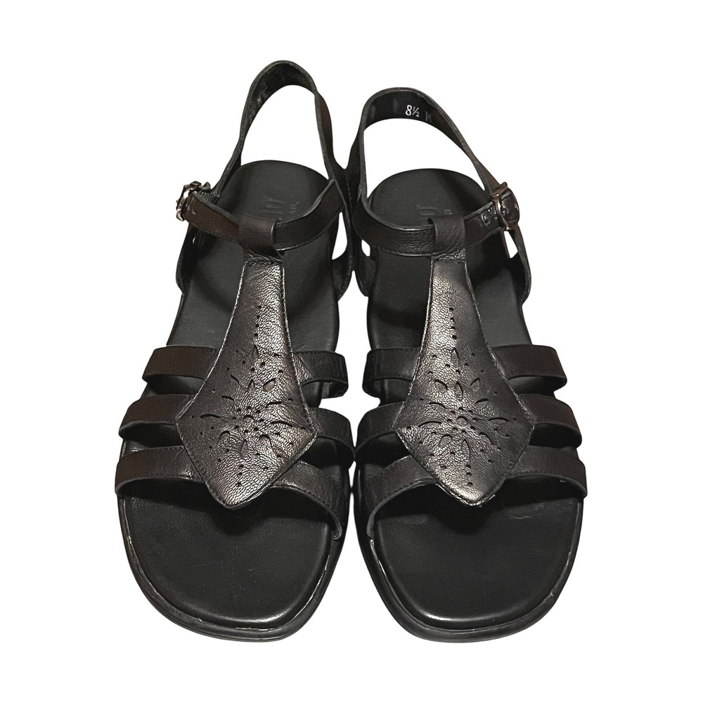 Munro American Womens Black Leather Perforated T-Strap Sandals Size 8.5‎ M 22211